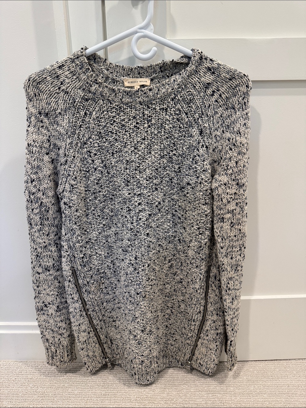 Rebecca Taylor Black and White Marled Crewneck Sweater with Side Zippers